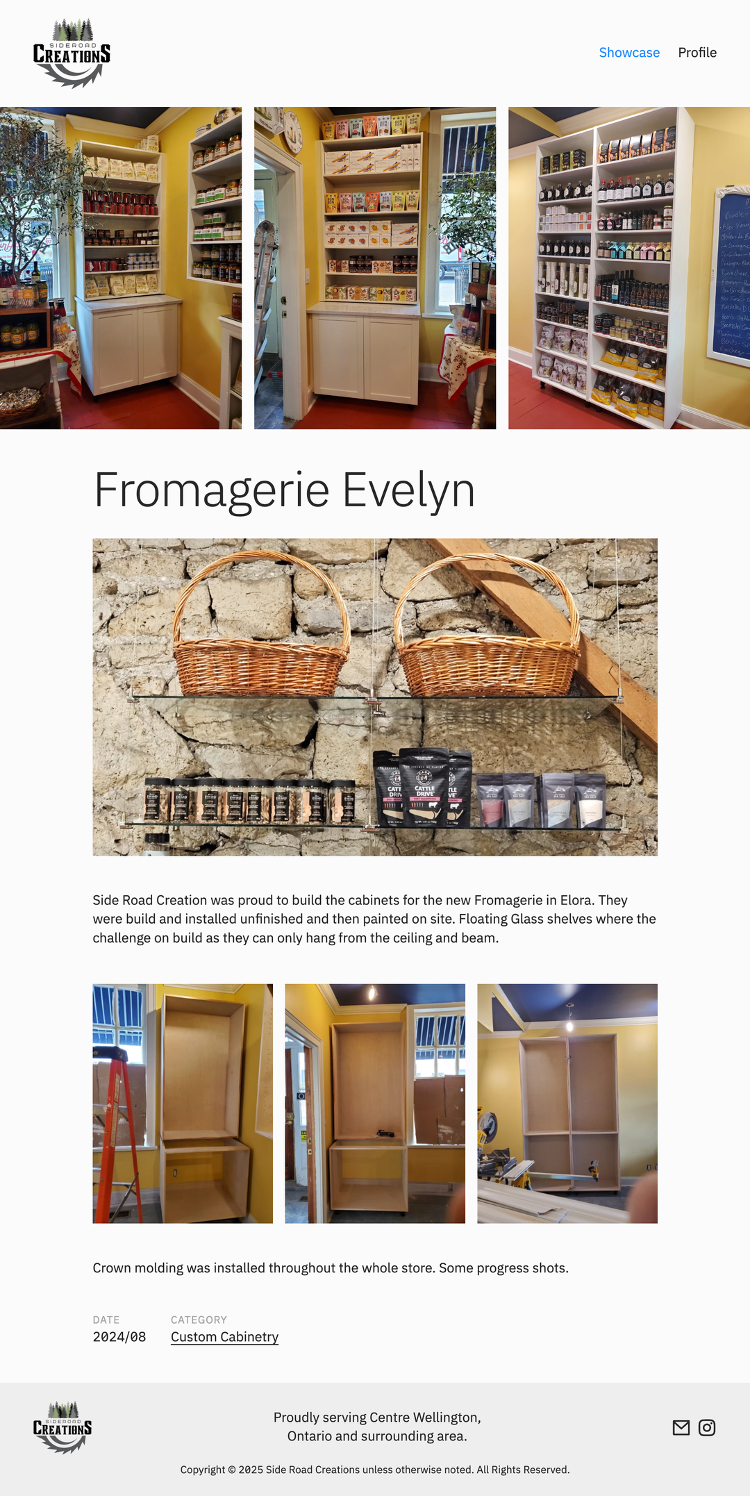 Screenshot of Sideroad Creations website sample project page featuring cabinetry installation for Fromagerie Evelyn cheese shop in Elora, Ontario