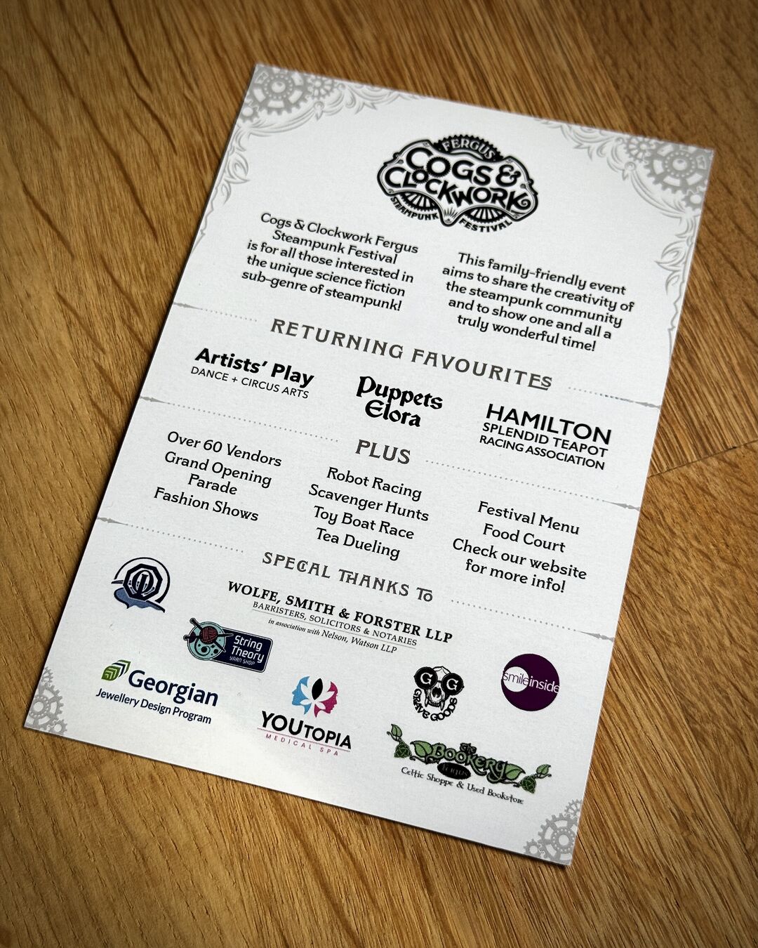 Cogs and Clockwork 2025 promotional postcard back featuring festival description, features, and sponsors