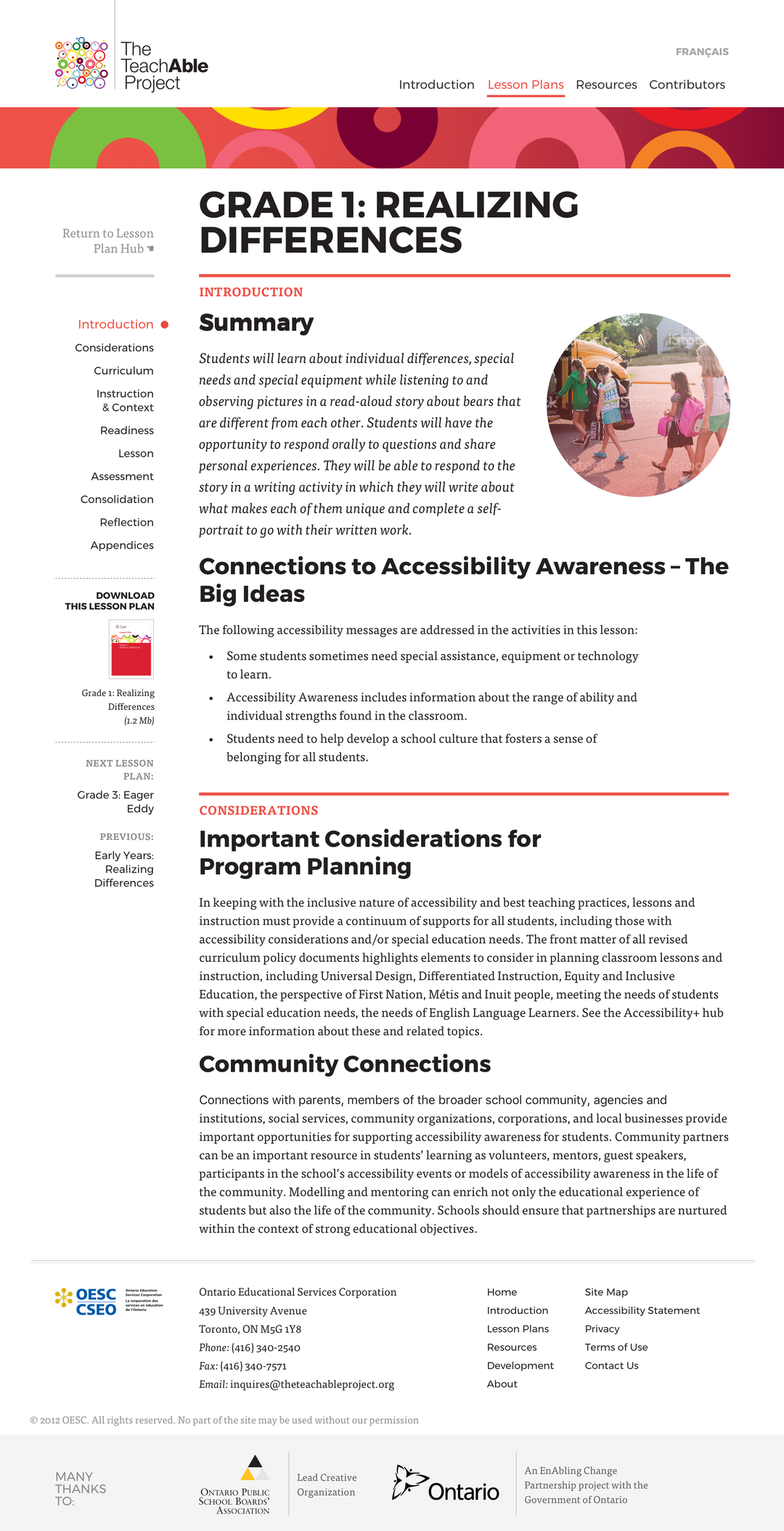 Screenshot of The Teachable Project website page titled ' Grade 1: Realizing Differences' showing details of lesson plan.