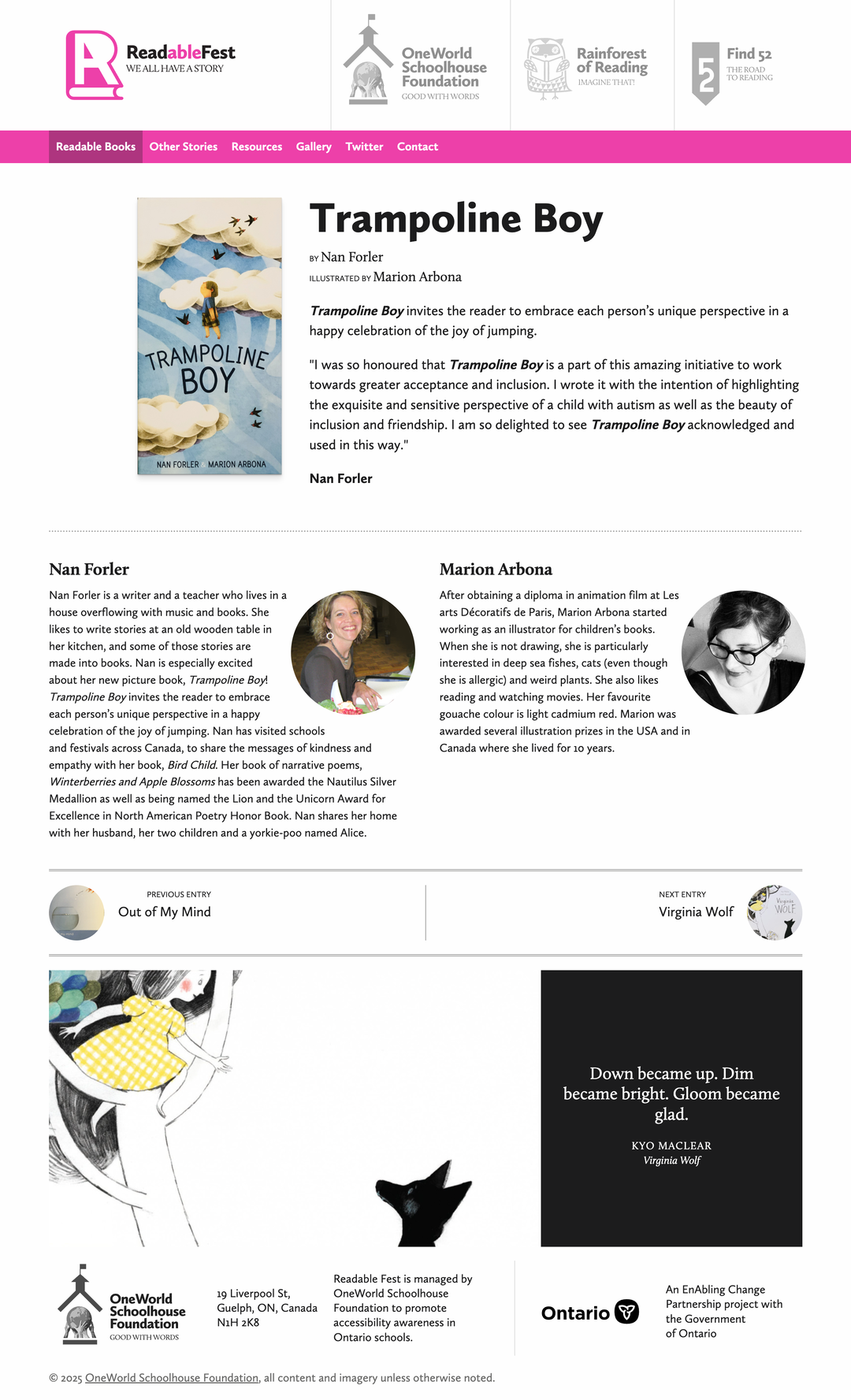 Screenshot of ReadableFest website featuring the book, 'Trampoline Boy', by Nan Forler.