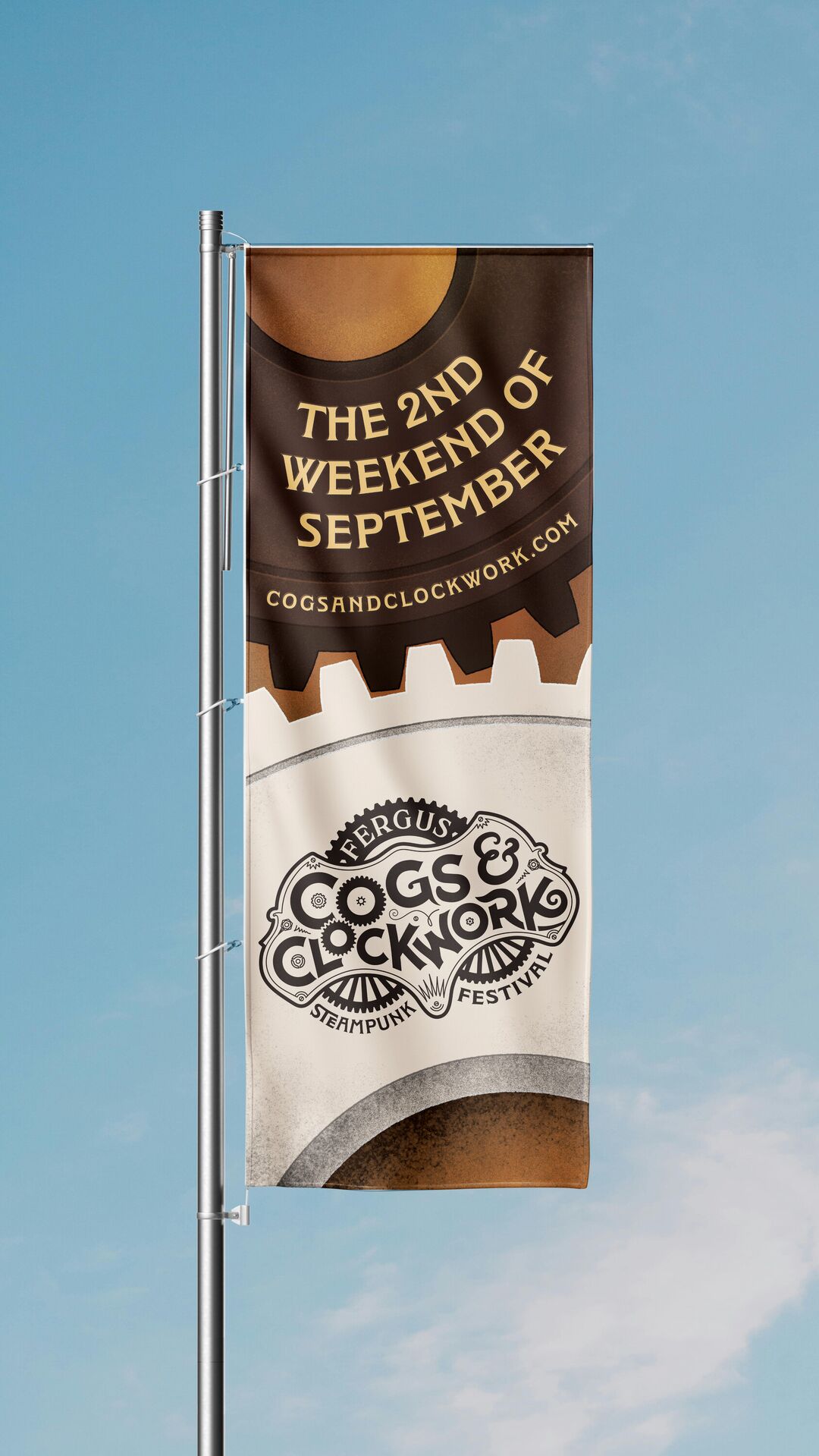 Cogs and Clockwork festival street banner mock-up of two rotating cogs in autumnal colours. The upper gear displays the date and website address (The 2nd weekend of September, cogsandclockwork.com), whiie the lower cog features the festival logo