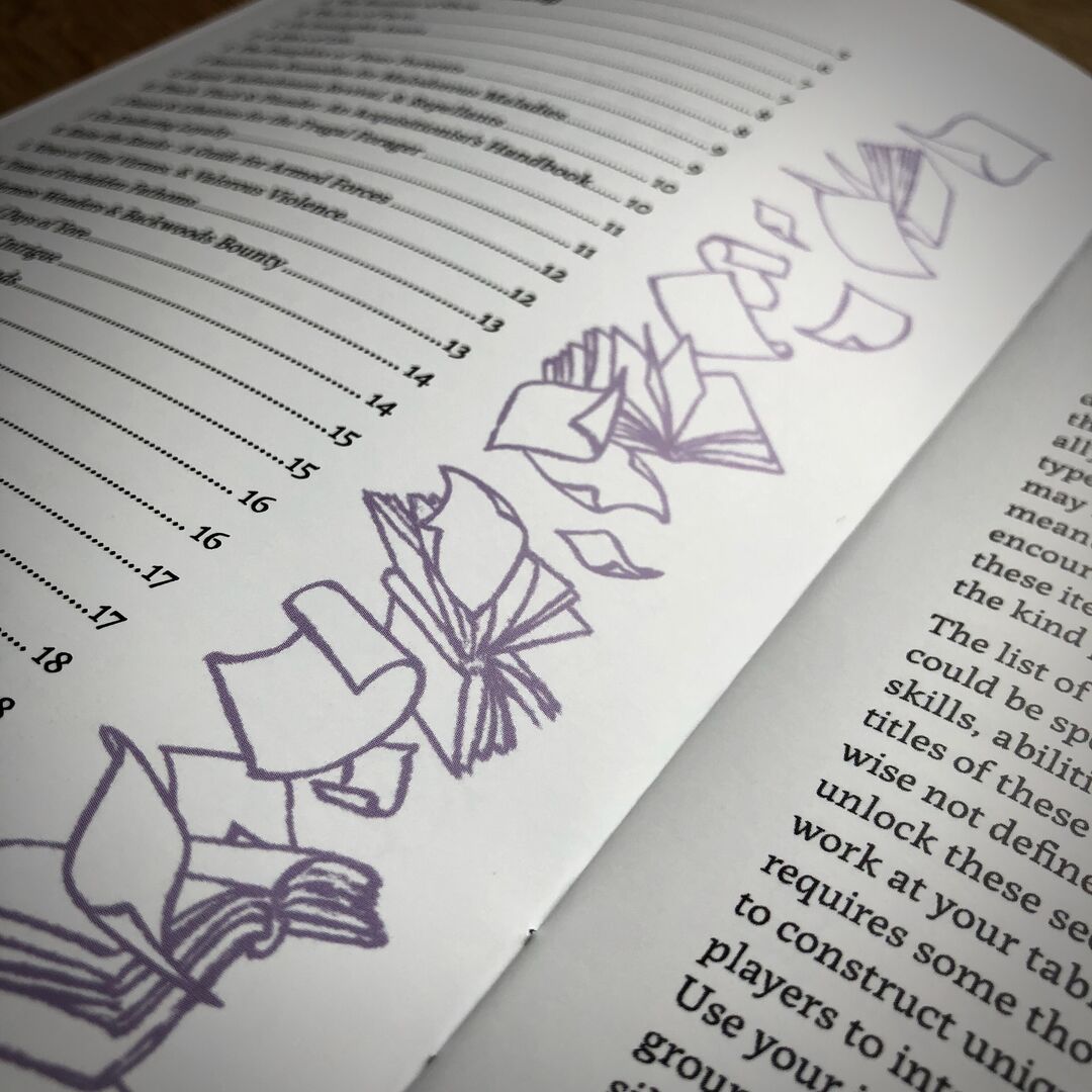 Detail of open page of "Wayward Words" zine showing table of contents and spot illustration of falling reading materials.