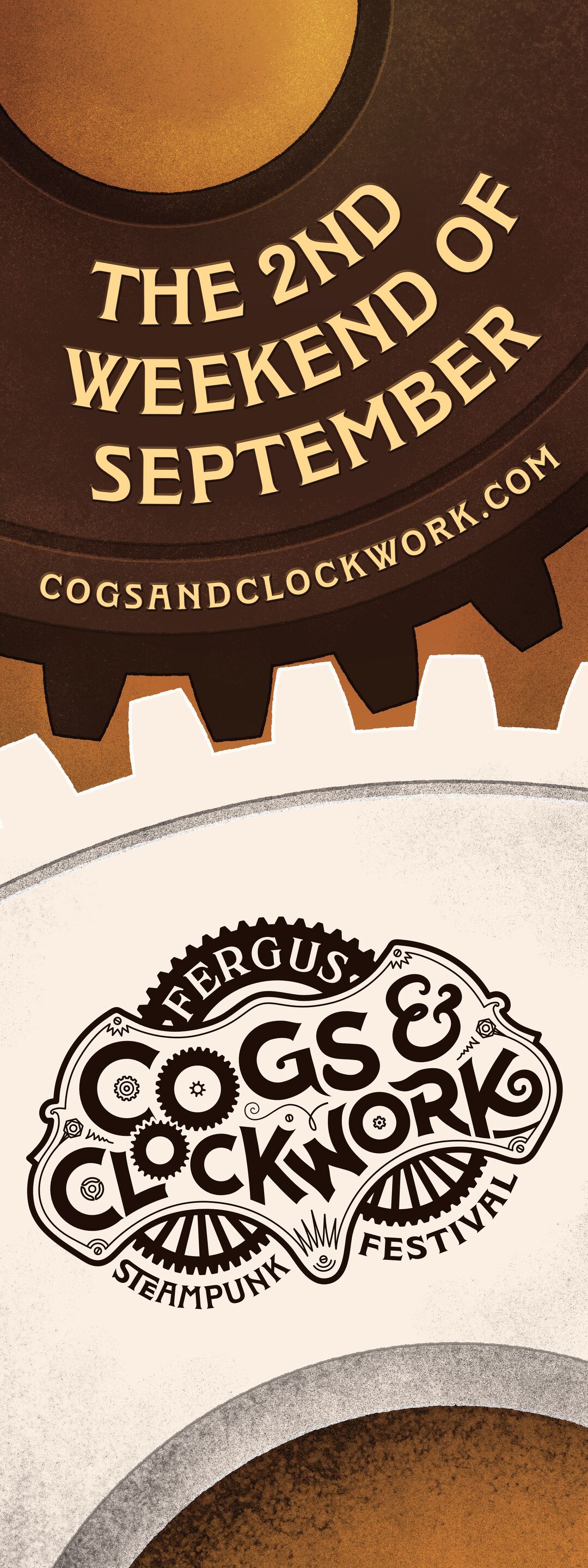 Cogs and Clockwork festival street banner artwork of two rotating cogs in autumnal colours. The upper gear displays the date and website address (The 2nd weekend of September, cogsandclockwork.com), whiie the lower cog features the festival logo
