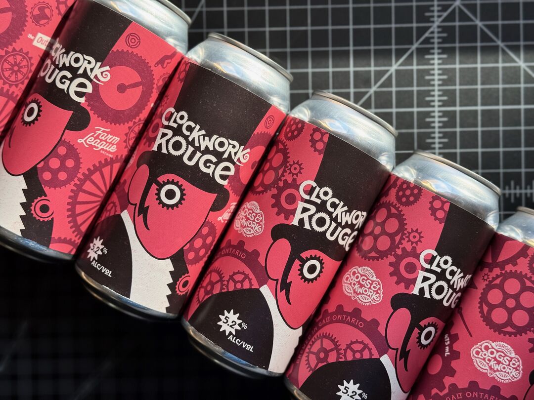 Clockwork Rouge beer cans in laid in a line on work table shown from above. Labels show a graphic styled ringmaster in front of exploded clock and cog mechanical parts on a salmon coloured field.