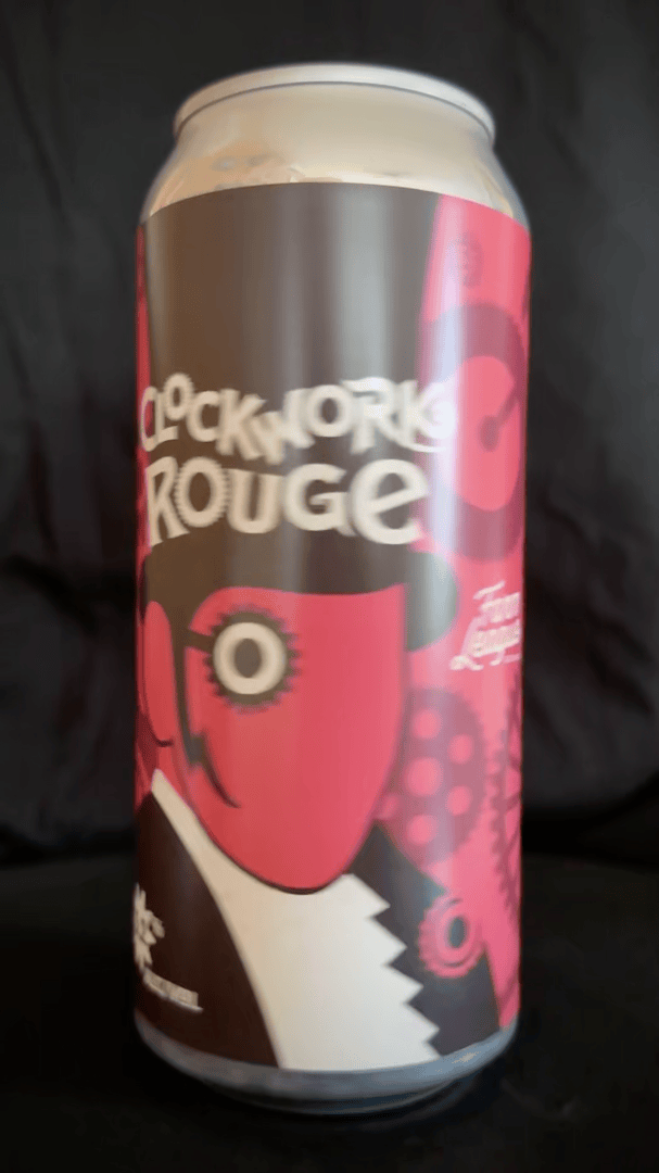 Clockwork Rouge beer can with graphic styled ringmaster in front of exploded clock and cog mechanical parts on a salmon coloured field. Rotating beer can animation.