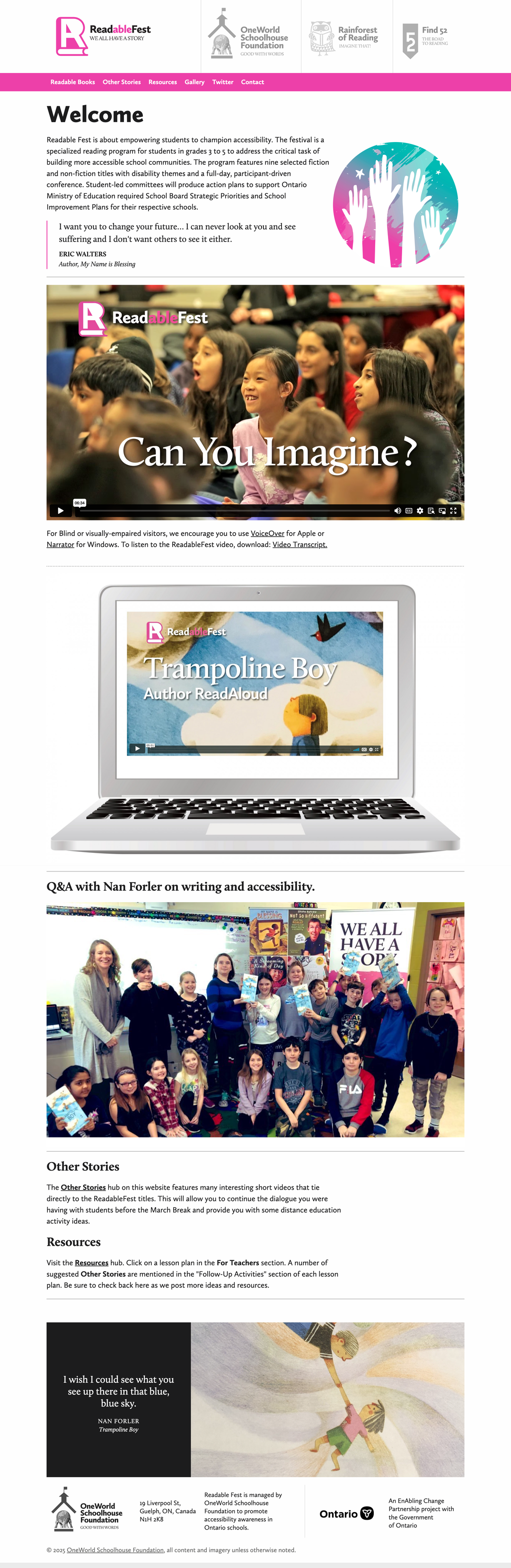 Screenshot of ReadableFest website home page featuring introduction video, event photography and inspiring quotes.