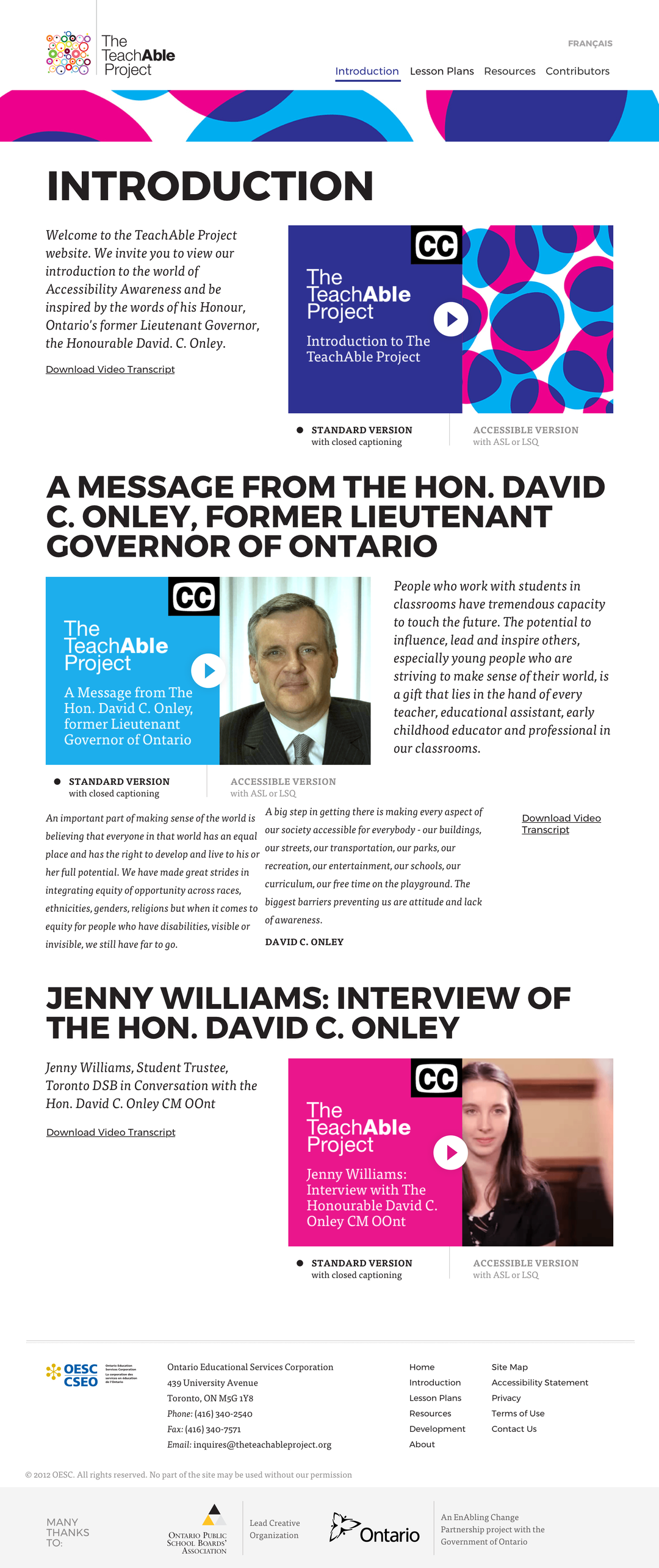 Screenshot of The Teachable Project website introduction page featuring a message from The Honourable David C. Onley, former Lieutenant Governor of Ontario.