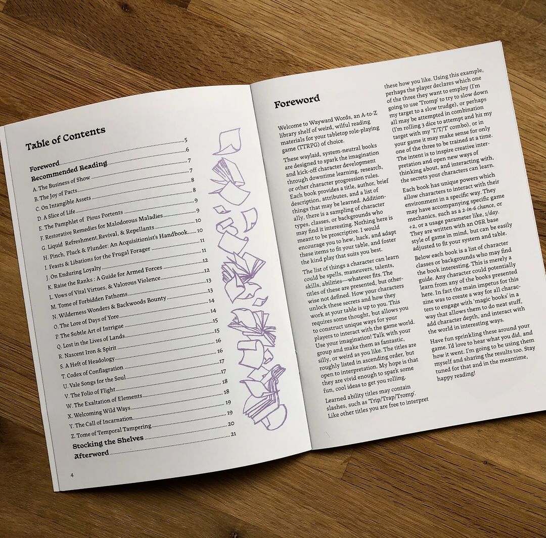 Open page of "Wayward Words" zine showing table of contents and spot illustration of falling reading materials.