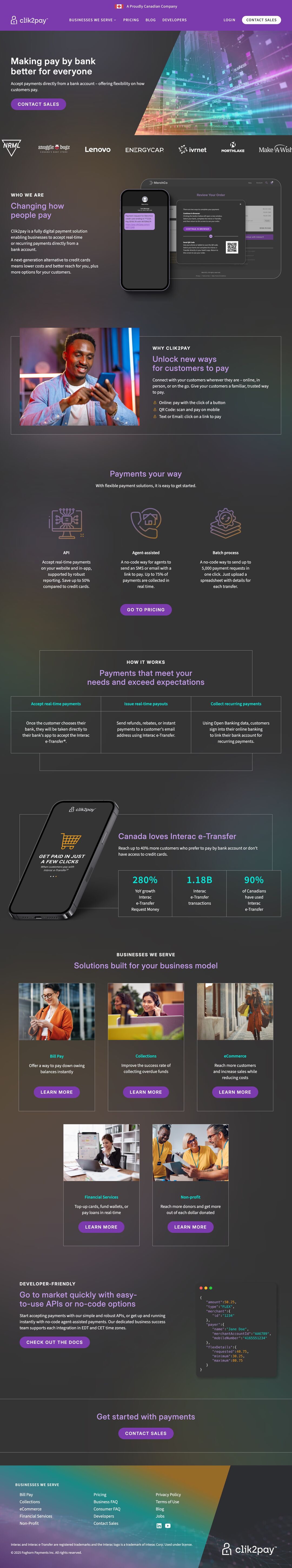 Screenshot of Clik2pay website home page on dark background with purple colours and soft multicolour gradients. Sections use light key lines to define elements and divisions
