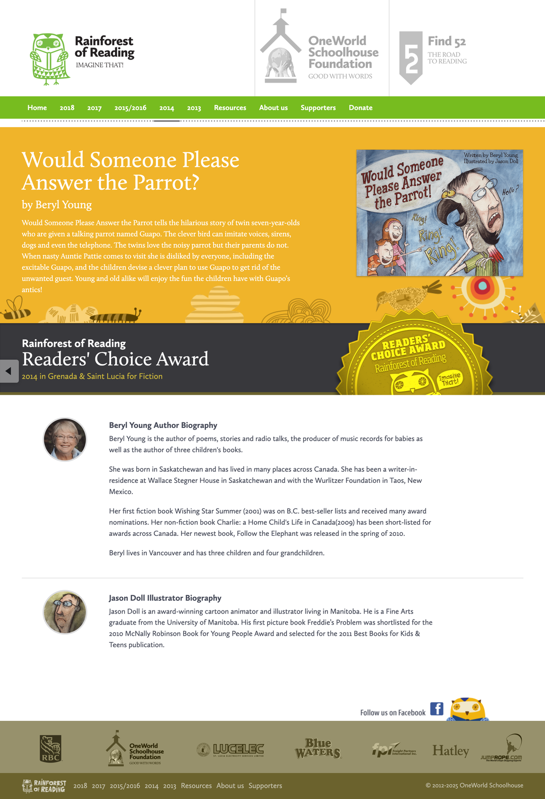 Screenshot of Rainforest of Reading website featuring Readers Choice Award winning book, 'Would Someone Please Answer the Parrot', by Beryl Young.