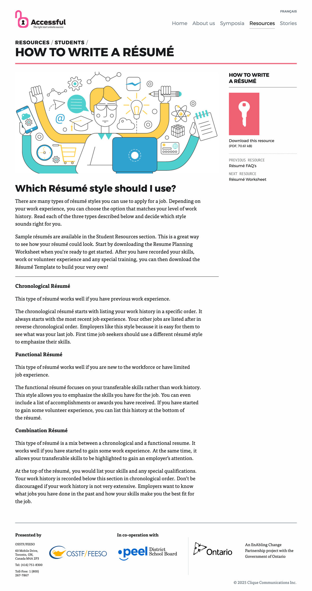 Screenshot of Accessful.org website showing article on how to write a resume, which features an illustration of a multi-tasking, multi-armed student in from of a laptop