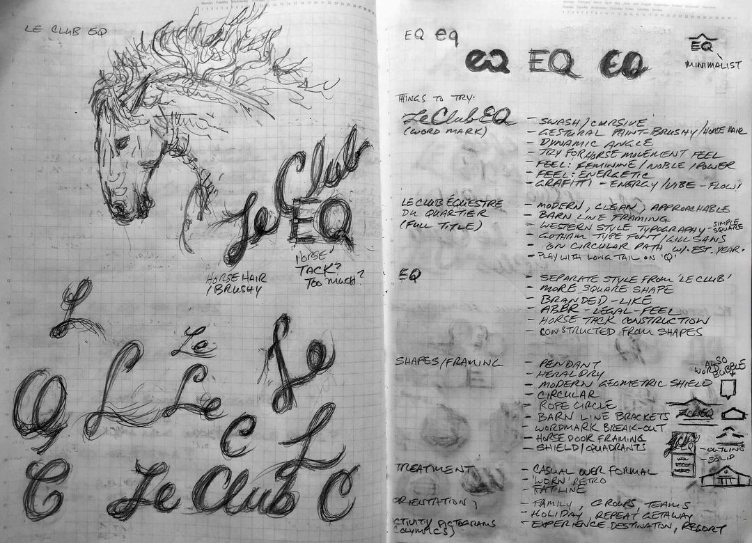 Physical notebook scan of a page of logo concept exploration sketches for Le Club EQ.