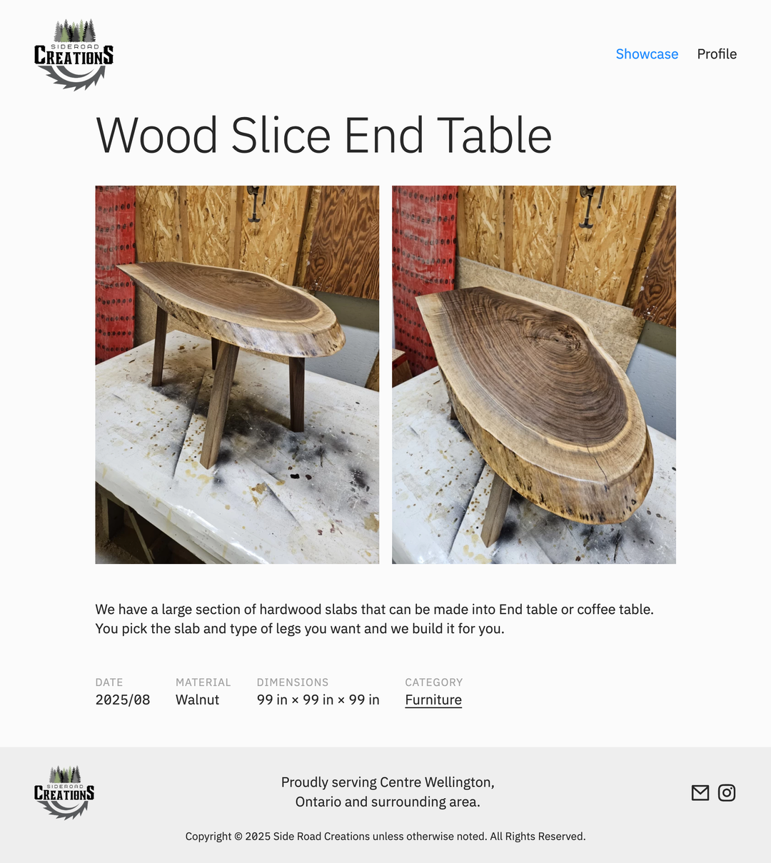 Screenshot of Sideroad Creations website featuring a walnut slab coffee table case study