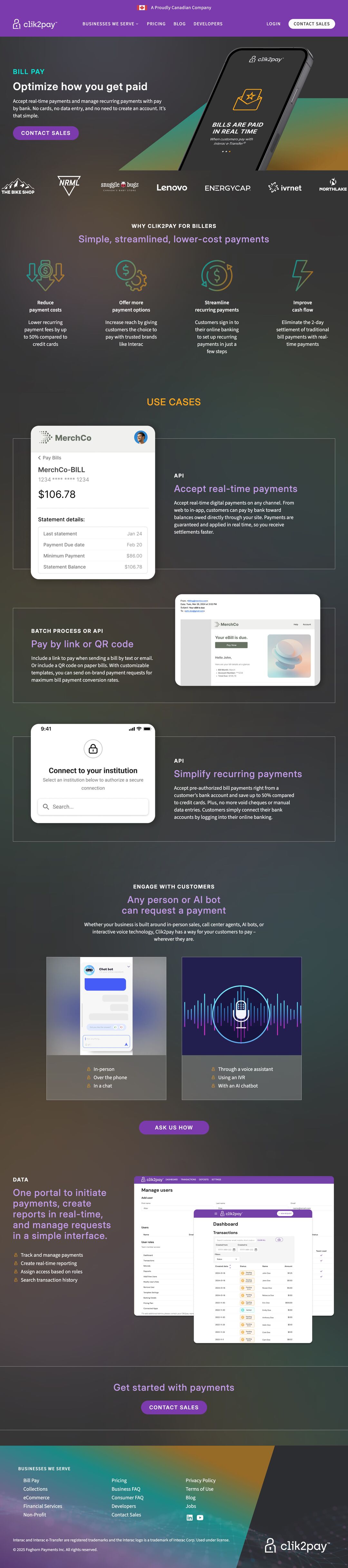 Screenshot of Clik2pay website showing business target profile page, use cases, and features