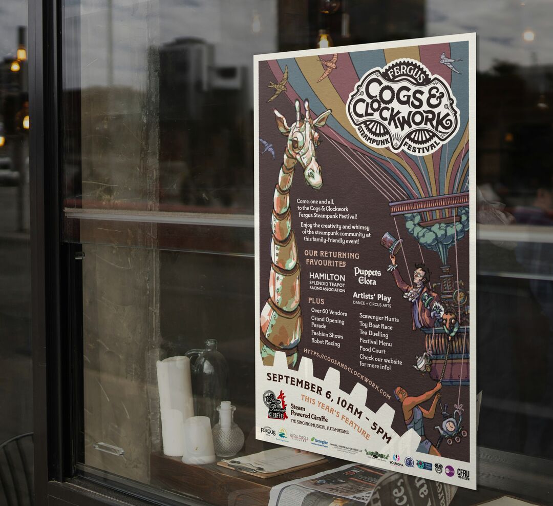 View through shop window of the Cogs and Clockwork 2025 festival promotion illustrated poster with the ringmaster saluting a mechanical giraffe from a floating hot air balloon.