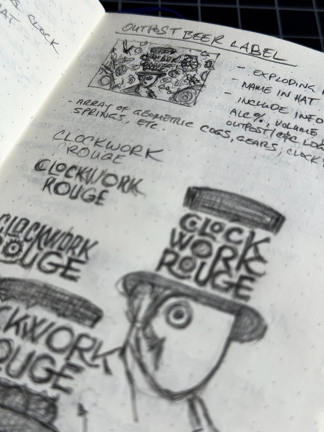 Clockwork Rouge beer can label ideas from a sketchbook in pencil