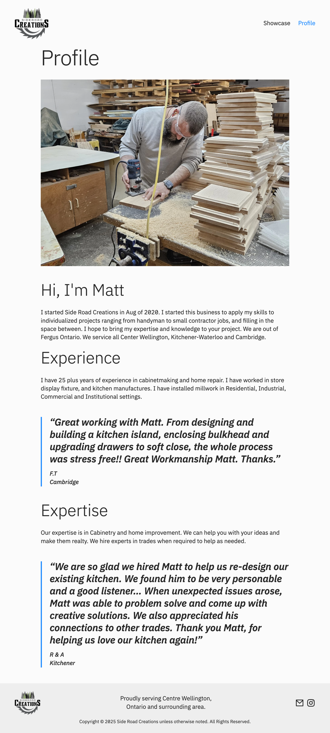 Screenshot of Sideroad Creations website page with a profile of owner Matt Haid