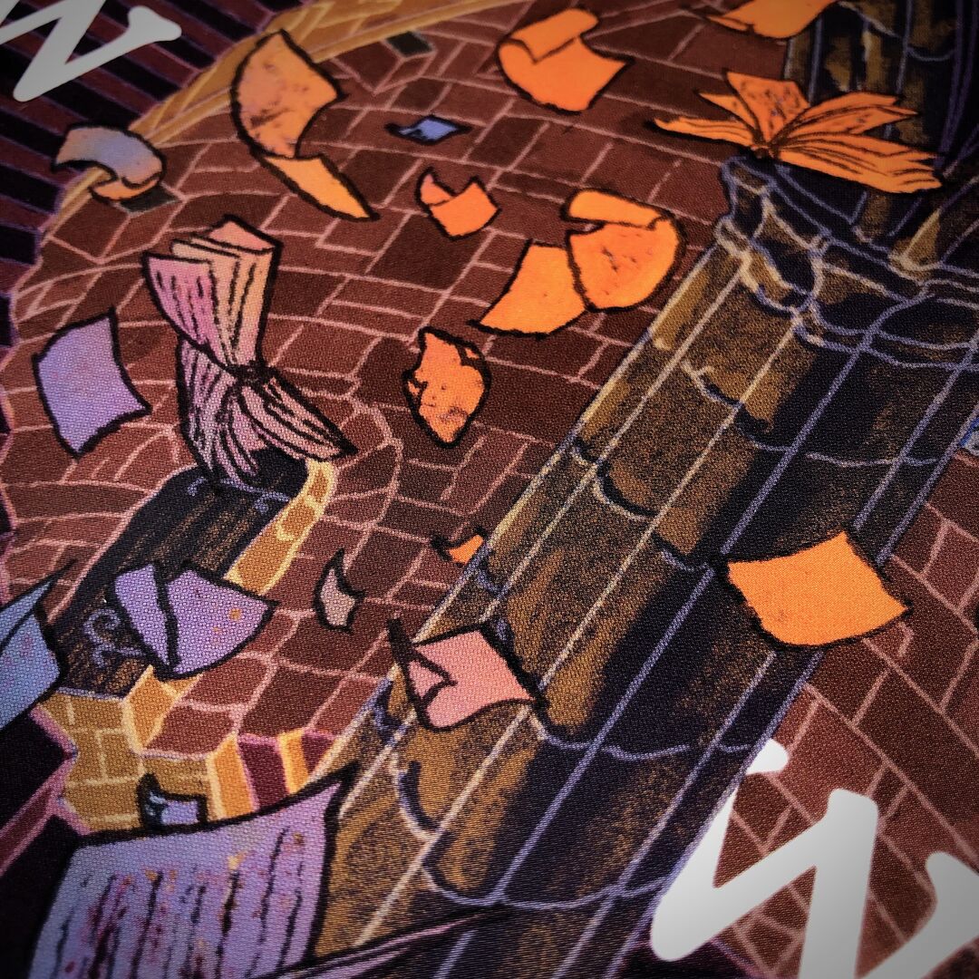 Detail of "Wayward Words" zine cover depicting a chaotic jumble of pages, books and scrolls flying throughout a circular dungeon stairway.