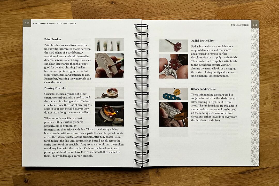 A book page shows two pages side by side with text and images discussing jewellery casting preparation and techniques.