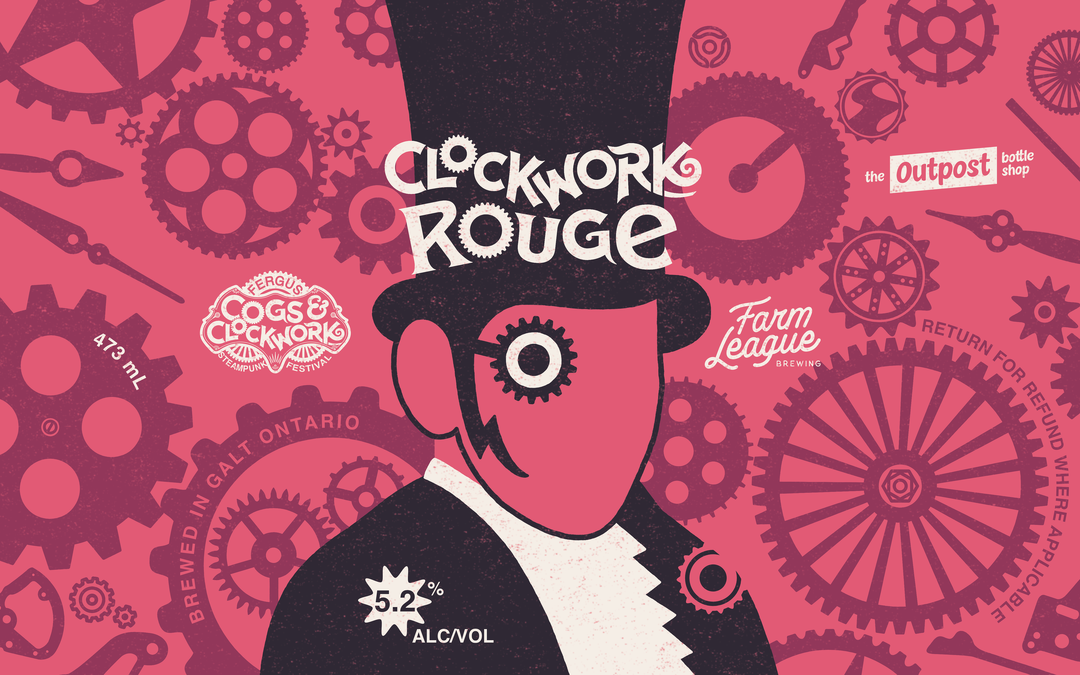 Clockwork Rouge beer can label artwork with graphic styled ringmaster in front of exploded clock and cog mechanical parts on a salmon coloured field.
