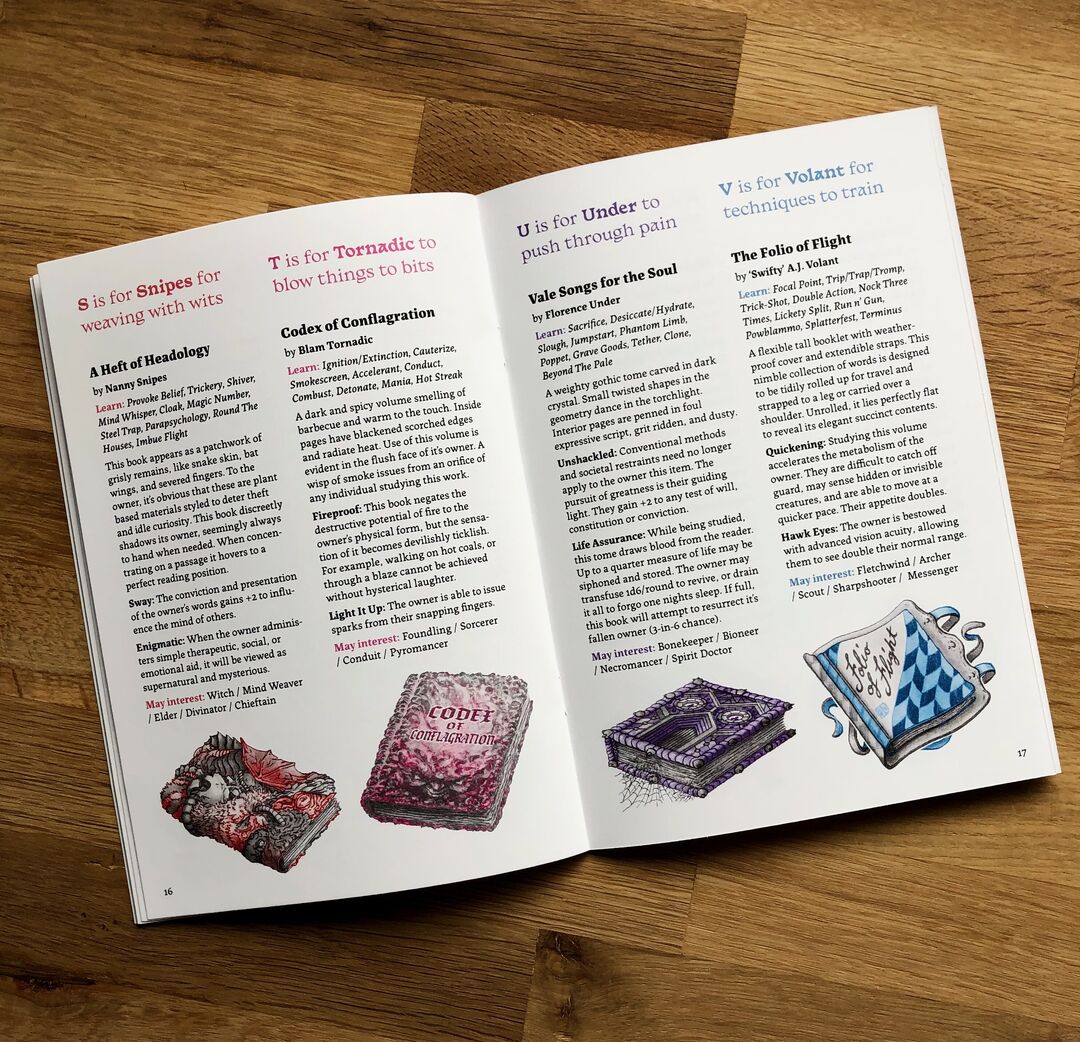 Open page of "Wayward Words" zine showing a sample spread of weird fantasy books with an illustration for each.