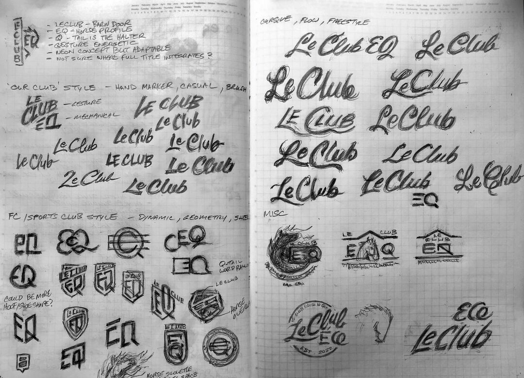 Physical notebook scan of a page of logo word mark idea sketches for Le Club EQ.