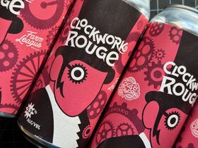 Detail of Clockwork Rouge beer cans in laid in a line on work table shown from above. Labels show a graphic styled ringmaster in front of exploded clock and cog mechanical parts on a salmon coloured field.