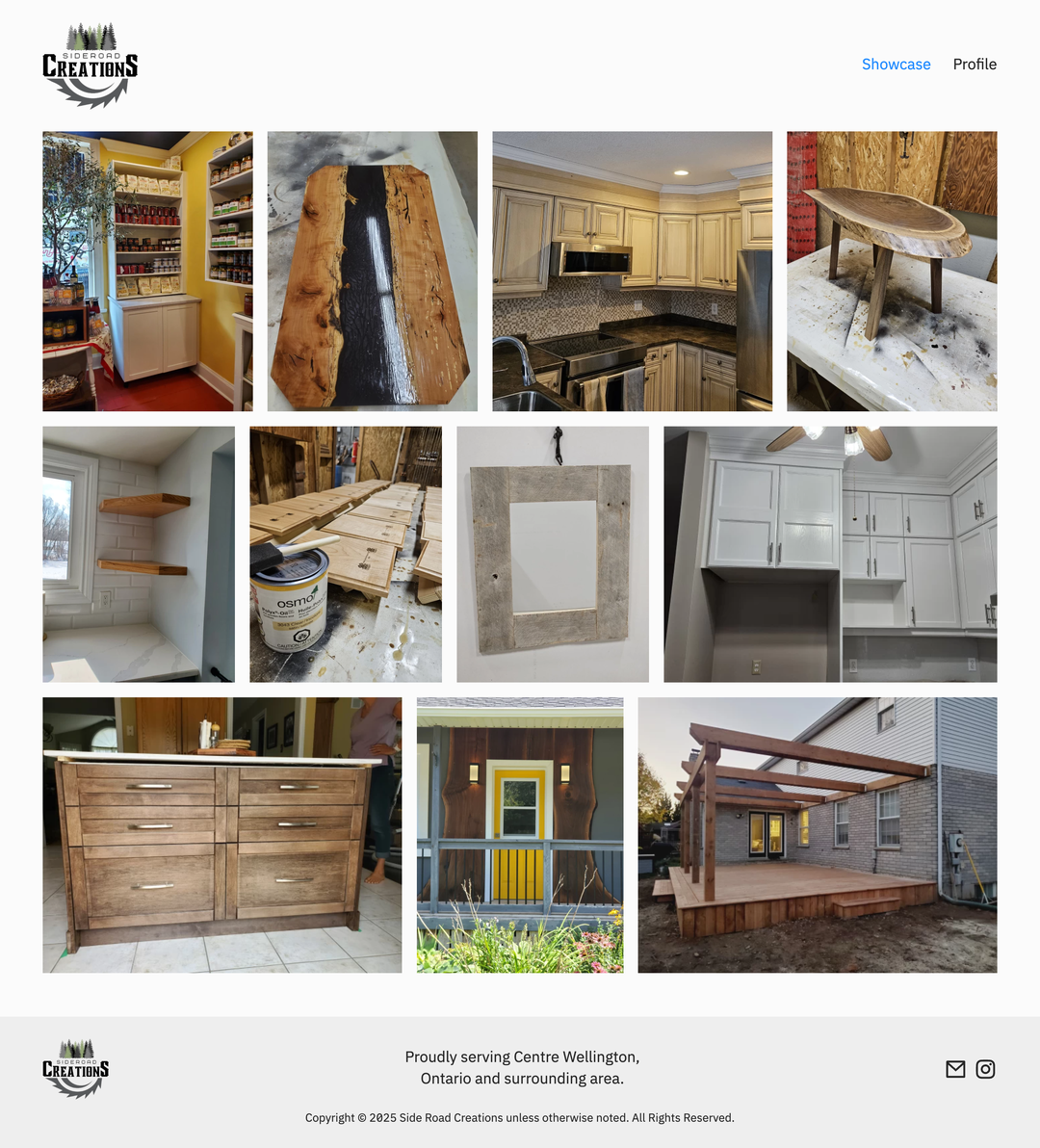 Screenshot of Sideroad Creations website showcase with an image grid of sample projects