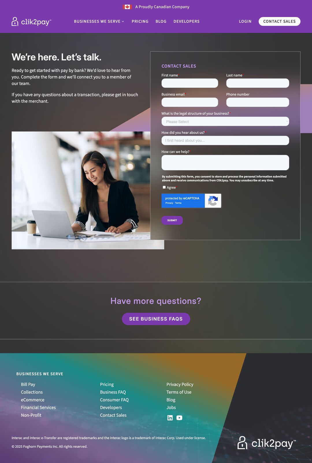 Screenshot of Clik2pay website showing contact form page