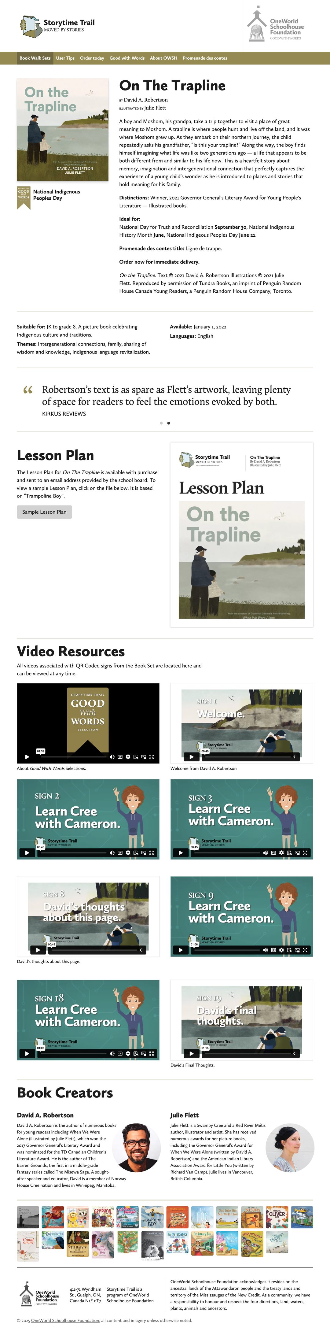 Screenshot of the Storytime Trail website book page featuring author David A. Robertson and the book 'On The Trapline'.